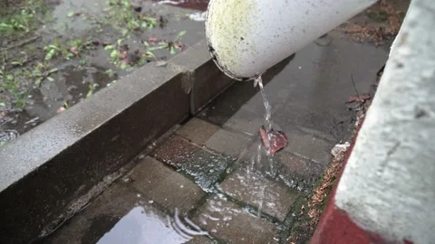 Close-up strong rain water flowing out from rain white drain pipe on a building Stock Footage 196240100