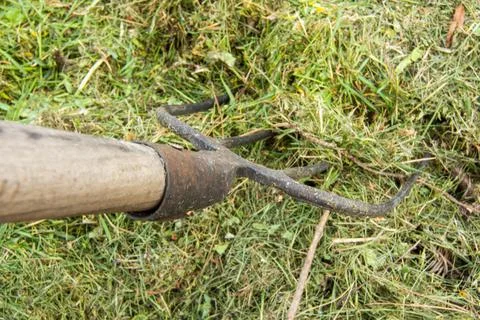 Close-up of stuck pitchfork in a haystack. Stock Photos