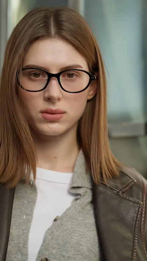 Close up of student in glasses looking at camera during parallax slide near Stock Footage 324453765