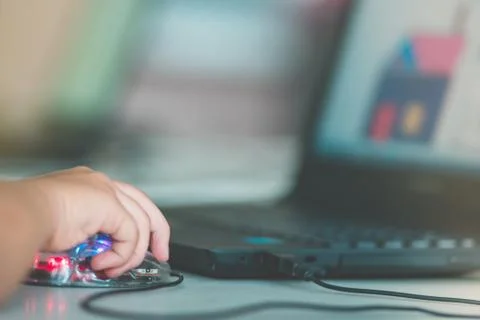 Close up to Student hands practice drawing art by computer in cl Stock Photos