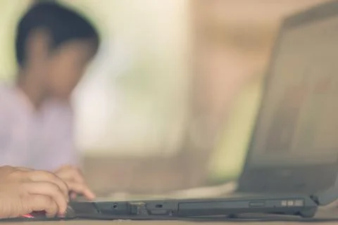 Close up to Student hands practice drawing art by computer in cl Stock Photos