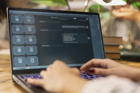 Close up of student uses AI virtual assistant on laptop with chatbot interface Stock Photos