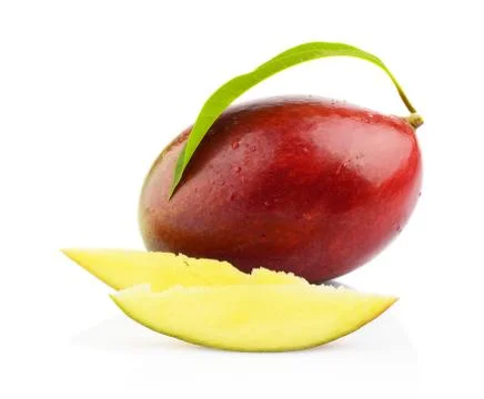 Close-up studio shot mango fruit with slice and leaf isolated on white backgr Stock Photos