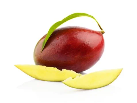 Close-up studio shot mango fruit with slice and leaf isolated on white backgr Stock Photos
