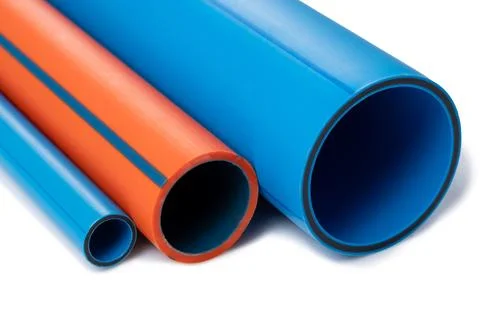 Close-up studio shot of three large, durable plastic pipes Stock Photos