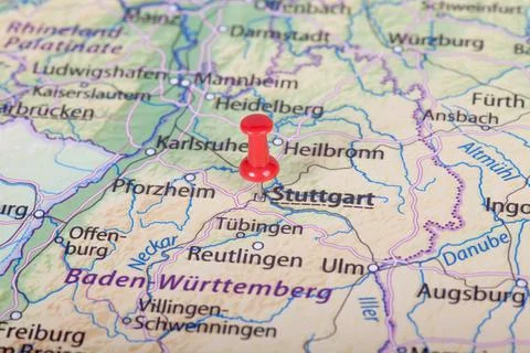 Close up of stuttgart map with red pin - Travel concept Stock-Fotos