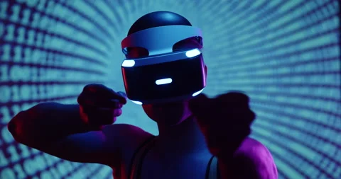 Close up stylish future handsome man gamer wearing virtual reality headset in Stock-Footage 153910159