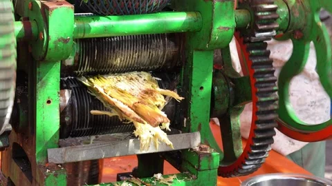Close-Up of Sugarcane Crushing Machine Roller Industrial Process Stock Footage 333069979
