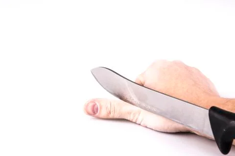 Close up of a suicidal man hand on isolated white background Stock Photos
