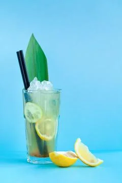 Close-up summer refreshing drink lemonade with ice frappe, lemon Stock Photos