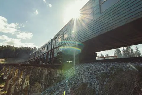Close up sun glare above train carriage concept photo Stockfoto's
