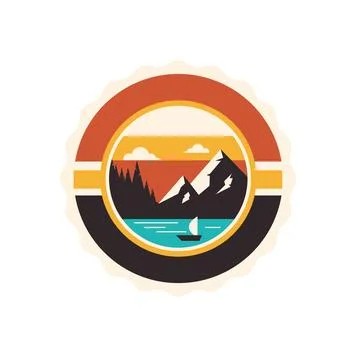 A close up of a sunset with trees and a lake vector logo design Stock Illustration
