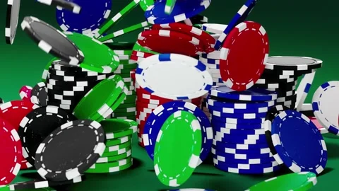 Close up. Super slow motion of falling poker chips on poker chips stack. Poker  Видео 192396590