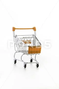 Close up of supermarket grocery push cart for shopping with black wheels and Stock Photos