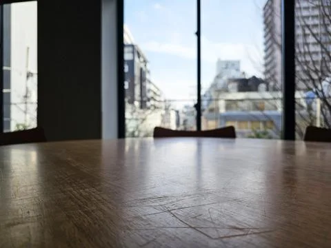 Close up Surface of Wooden Table in Cafe with View of Tokyo City Buildings .. Stock Photos