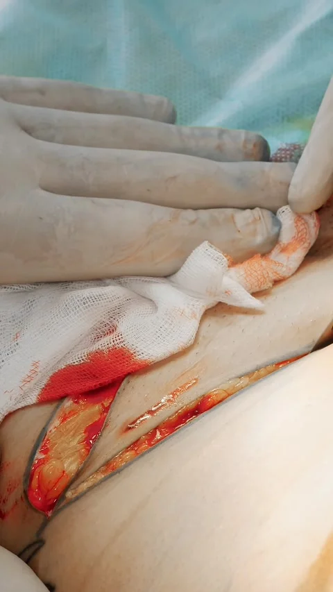 Close-up. surgeon makes an incision on the patient's abdomen, cuts out a part of Stock Footage 315942949