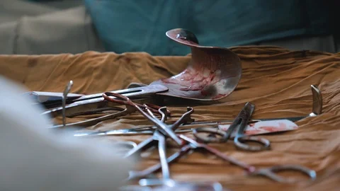 Close up of Surgery tools with blood. Stock Footage 126393995
