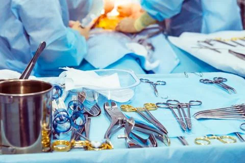 Close up surgical instruments and tools including scalpels, forceps and tweez Stock Photos