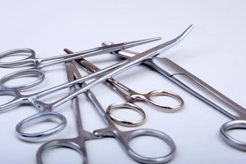 Close Up Surgical instruments and tools on white background. Selective focus. Stock Photos