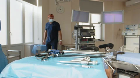 Close-up of surgical instruments arranged on table in operating room. Shot in Stock Footage 172381693