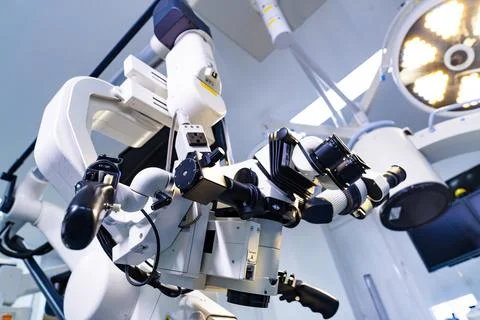 Close up of surgical microscope with handles and optical components Stock Photos