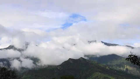 Close up of  the surging, churning sea of clouds above green mountain.4K Stock Footage 260239625