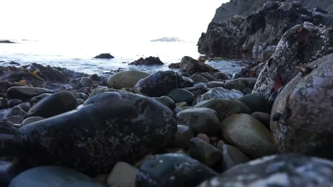 Close-up of Surging Winter Tide at Rocky Beach, Sunset, HD Stock Footage 194898153