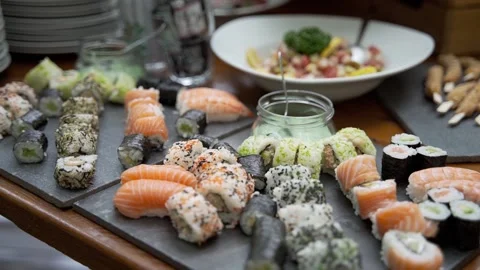 Close up  sushi on the buffet table Stock Footage 239733939