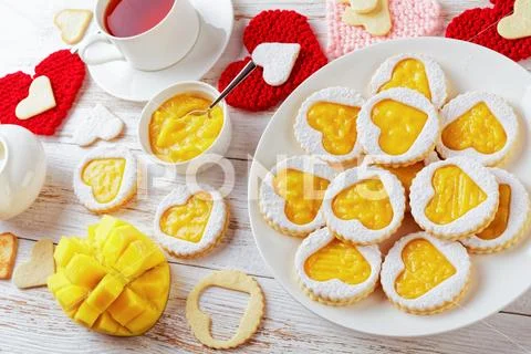 Close-up of sweet Heart shaped linzer cookies Stock Photos