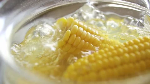 Close-up sweet yellow corn boiled in water. Cooking young corncobs in hot wa Video stock 158896059