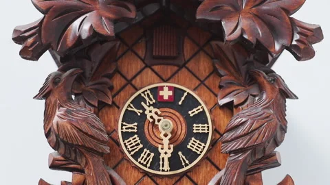 A Close Up of a Swiss Cuckoo Clock Striking Half Past the Hour Stock Footage 130938378