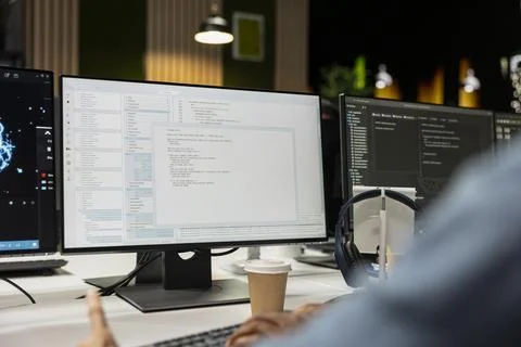 Close up of system administrator coding on PC in startup office Stock Photos