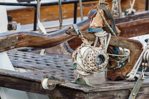 Close-up of a system for attaching ropes and carabiners on a boat Stock Photos