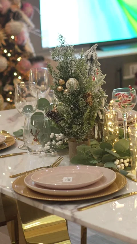 Close-up of table with fine glassware and elegant plain decoration for Stock Footage 344905841
