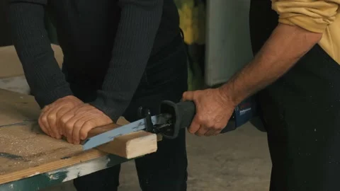 Close Up of Table Saw Cutting Wood on Construction Site Stock Footage 167708994