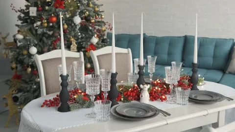 Close up of a table served for Christmas dinner in living room. Stock Footage 142806496