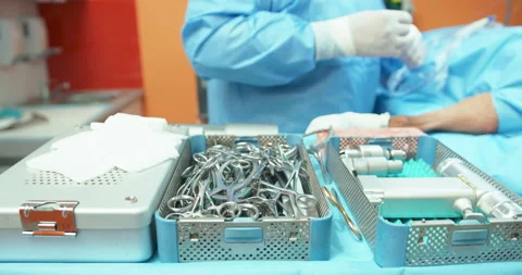 Close up of table with sterilization containers with sterilized tools. Second Stock Footage 140157064