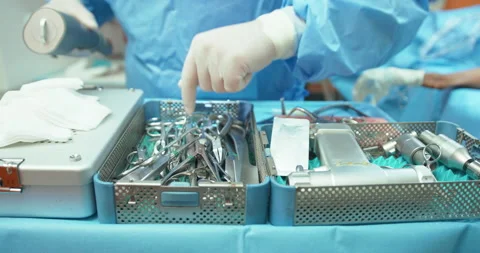 Close up of table with sterilization containers with sterilized tools. Second 스톡 동영상 140157317