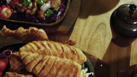 Close-Up Table Top Roasted Chicken BBQ Stock Footage 200954491