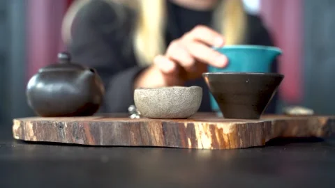 Close-up Table For Traditional Tea Ceremony Utensils, Chinese Te Stock Footage 218345168