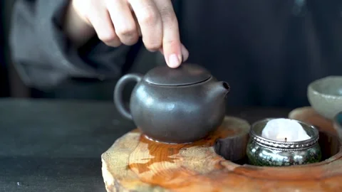 Close-up Table For Traditional Tea Ceremony Utensils, Chinese Te Stock Footage 218345201
