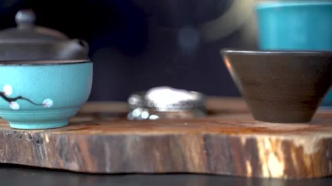 Close-up Table For Traditional Tea Ceremony Utensils, Chinese Te Stock Footage 218345206