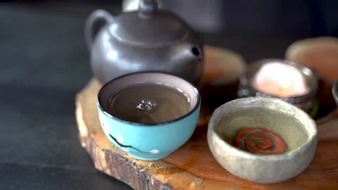 Close-up Table For Traditional Tea Ceremony Utensils, Chinese Te Stock Footage 218345262