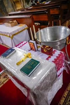 Close-up of a table used for preparing for baptism in an Orthodox church Stock Photos