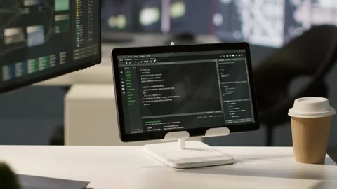 Close up of tablet left open on desk with programming language Stock Footage 318159337