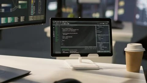 Close up of tablet left open on desk with programming language Stock Photos