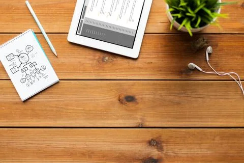 Close up of tablet pc computer on wooden table 写真素材