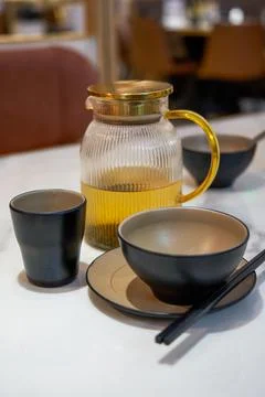 Close-up of tableware teapots for diners in a restaurant Stock-Fotos