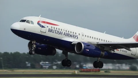 Close Up Take Off of British Airways A320 Passenger Airplane at Airport Video stock 84060889