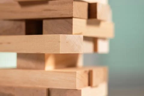 Close up take one block on The tower from wooden blocks. Stock-Fotos